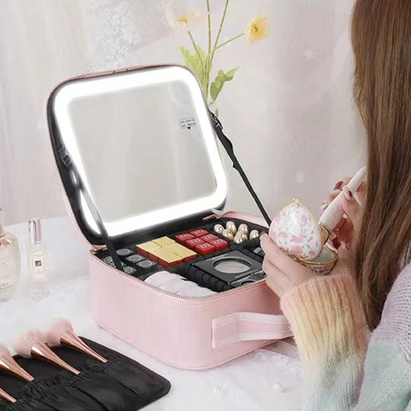 LED lighted Cosmetic Mirror Case Storage Bag